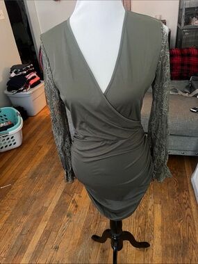 Olive Wrap Dress with Lace Long Sleeves